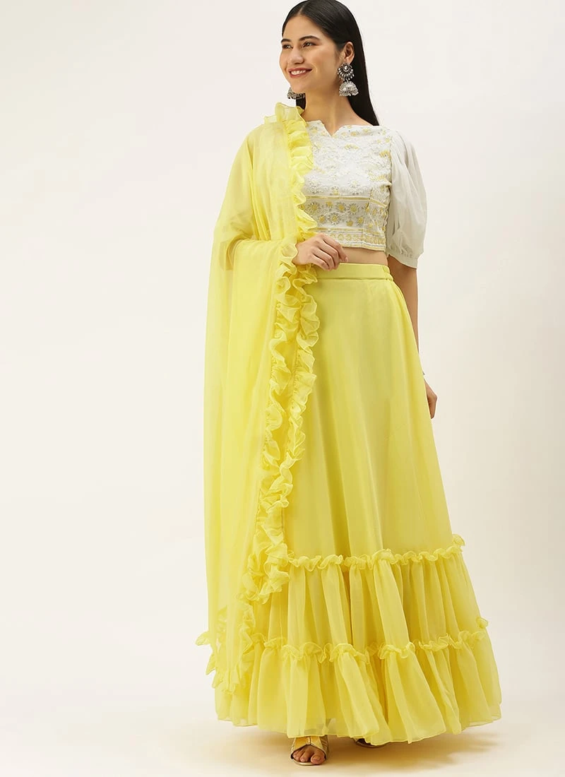 Teen Girls White Viscose Embroidered Yellow Lehenga Festive Wear - Image 3