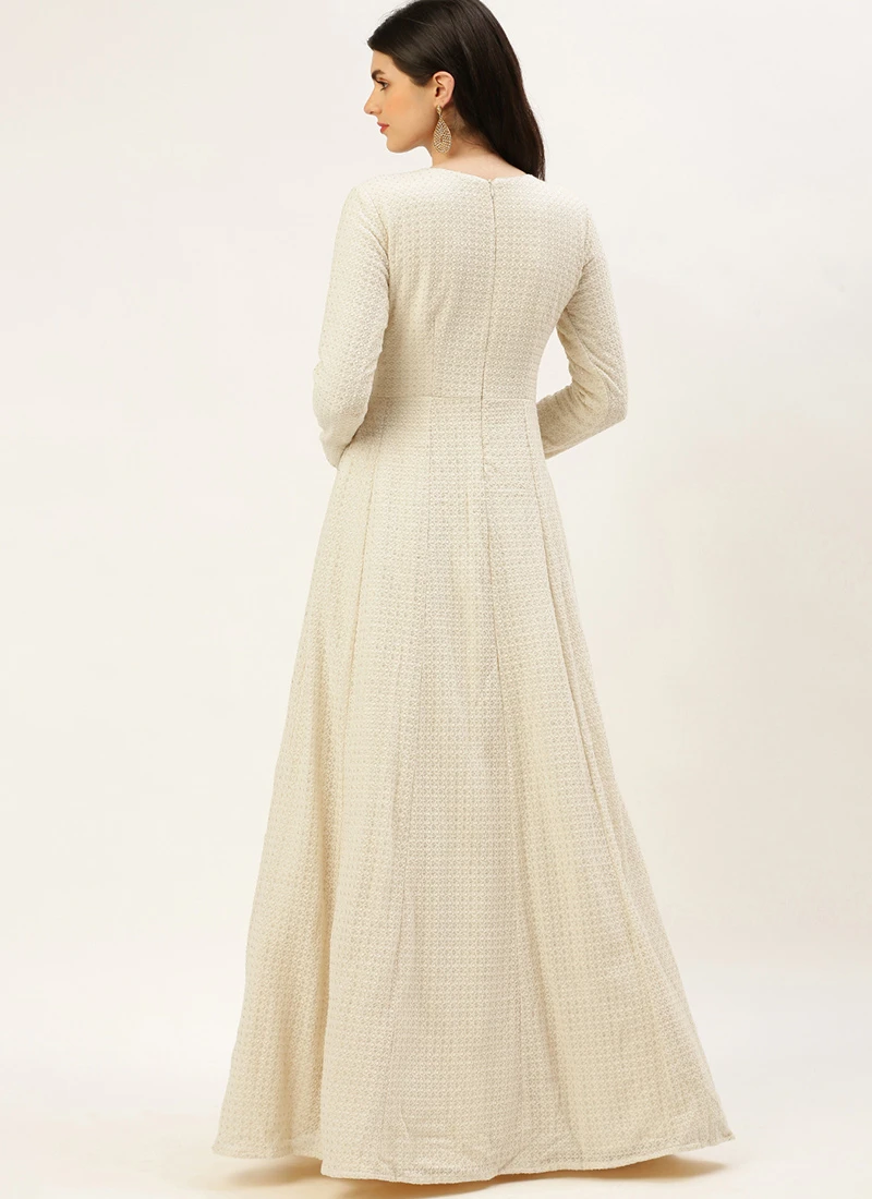 Teen Girls White Viscose Embroidery Gown Festive Wear - Image 4