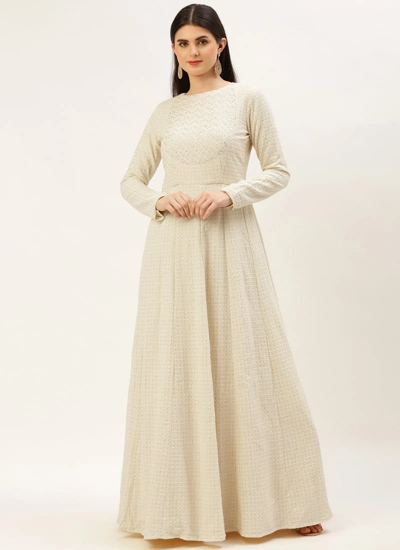 Teen Girls White Viscose Embroidery Gown Festive Wear - Image 3