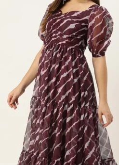 Teen Girls Wine Digital Printed Organza Dress Party Wear