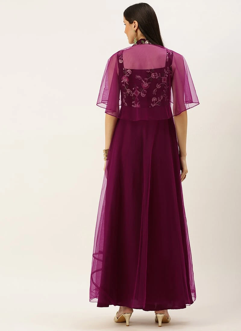 Teen Girls Wine Embroidered Gown With Cape Party Wear - Image 4