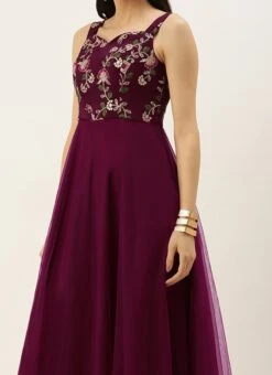 Teen Girls Wine Embroidered Gown With Cape Party Wear