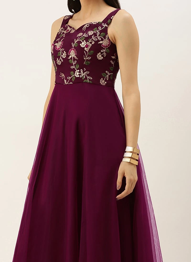 Teen Girls Wine Embroidered Gown With Cape Party Wear