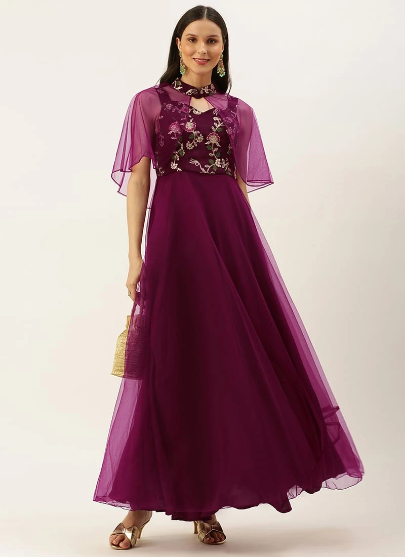 Teen Girls Wine Embroidered Gown With Cape Party Wear - Image 3
