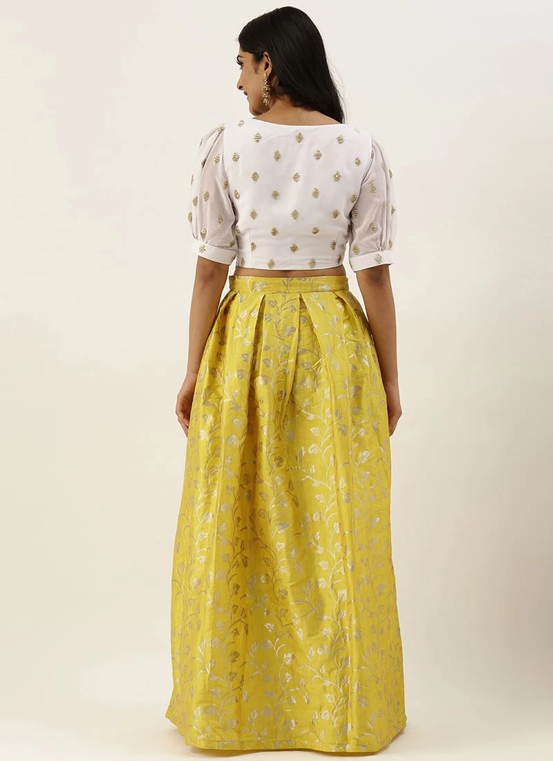 Teen Girls Yellow Brocade Box Pleat Skirt N Crop Top Set Festive Wear - Image 4