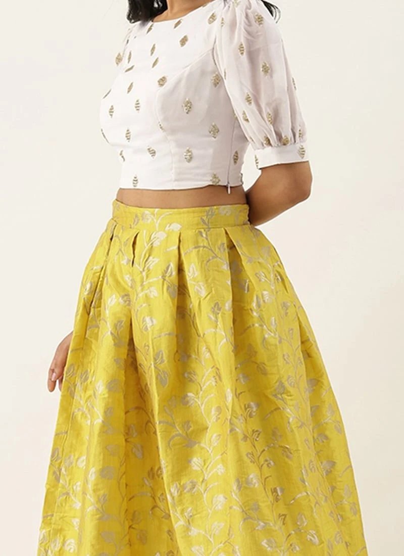 Teen Girls Yellow Brocade Box Pleat Skirt N Crop Top Set Festive Wear