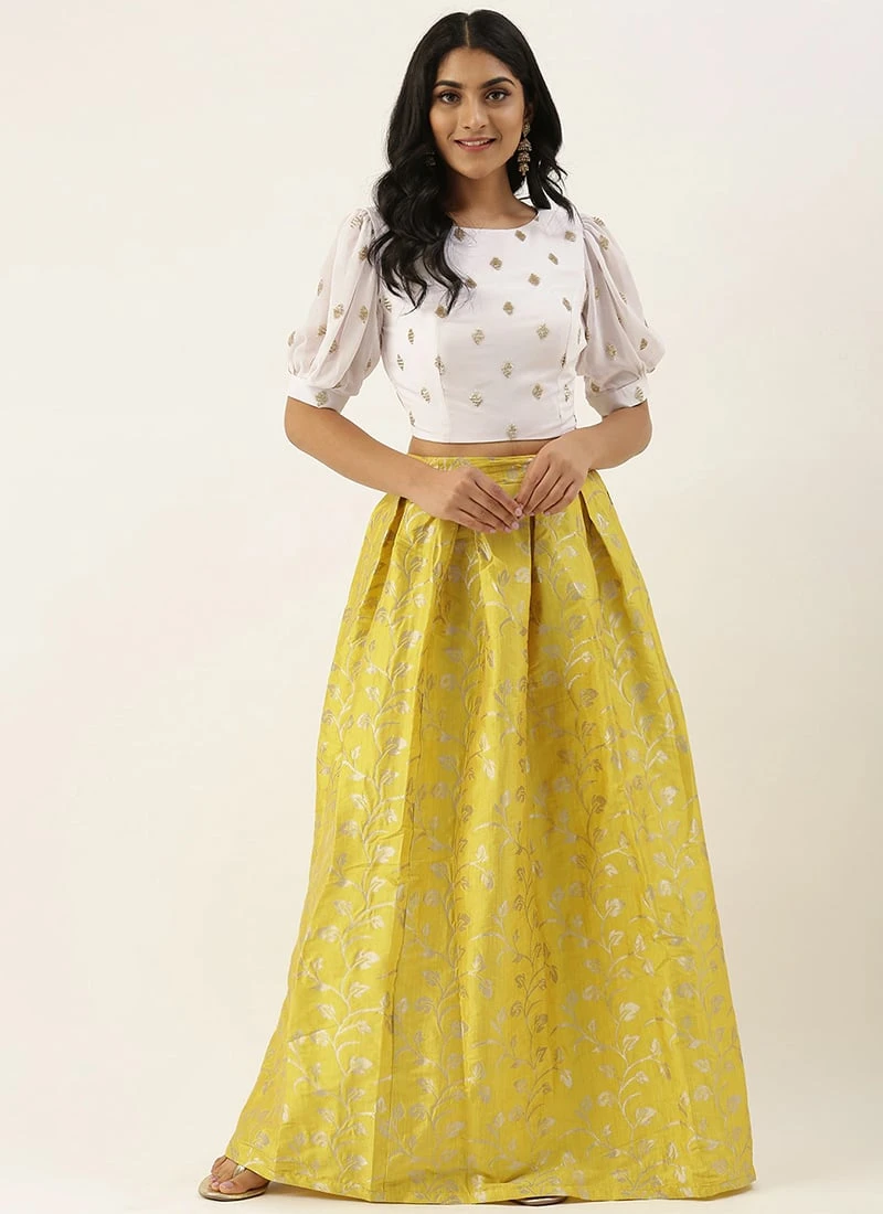 Teen Girls Yellow Brocade Box Pleat Skirt N Crop Top Set Festive Wear - Image 3
