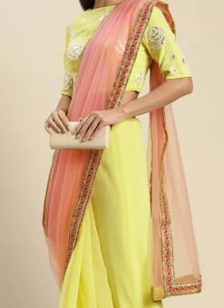 Teen Girls Yellow Embroidered Blouse N Peach Half N Half Saree Party Wear