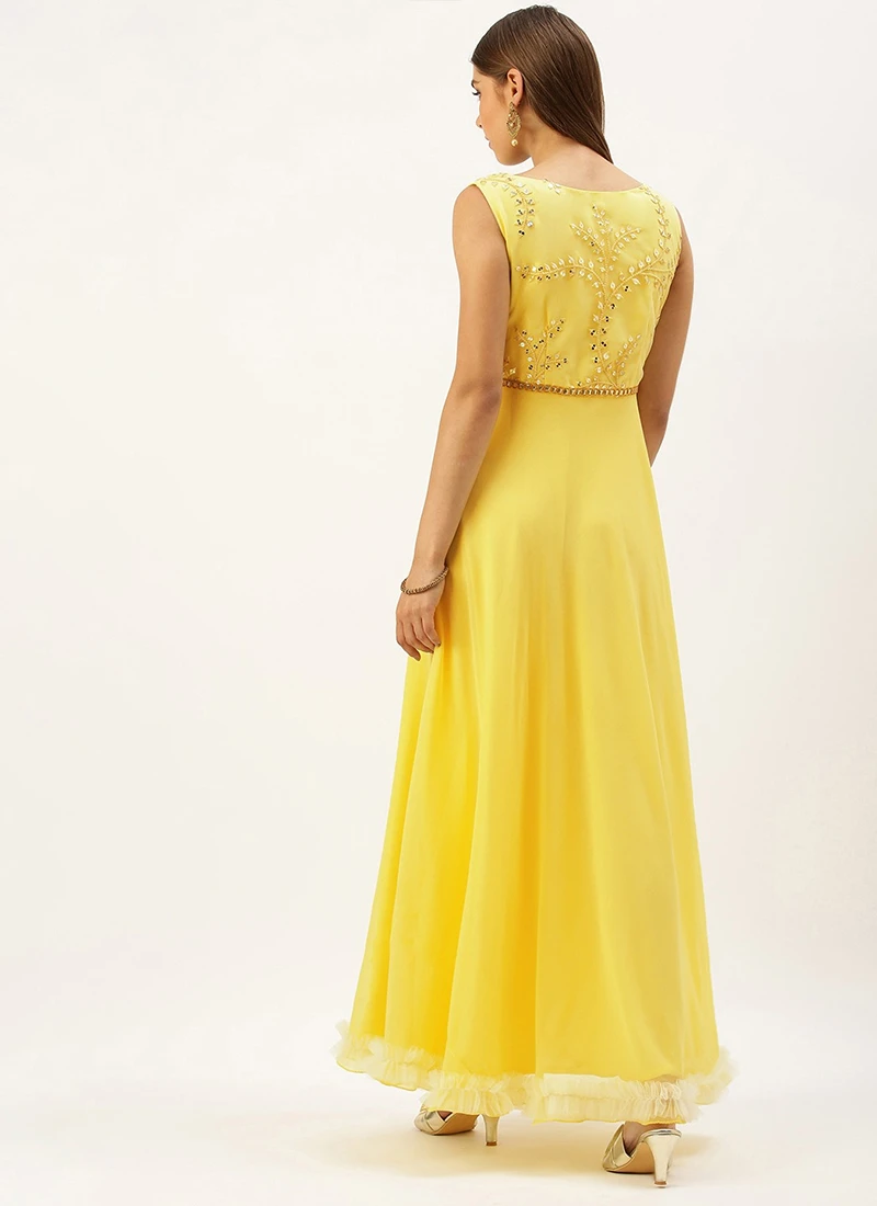 Teen Girls Yellow Embroidered Boat Neck Gown Festive Wear - Image 4