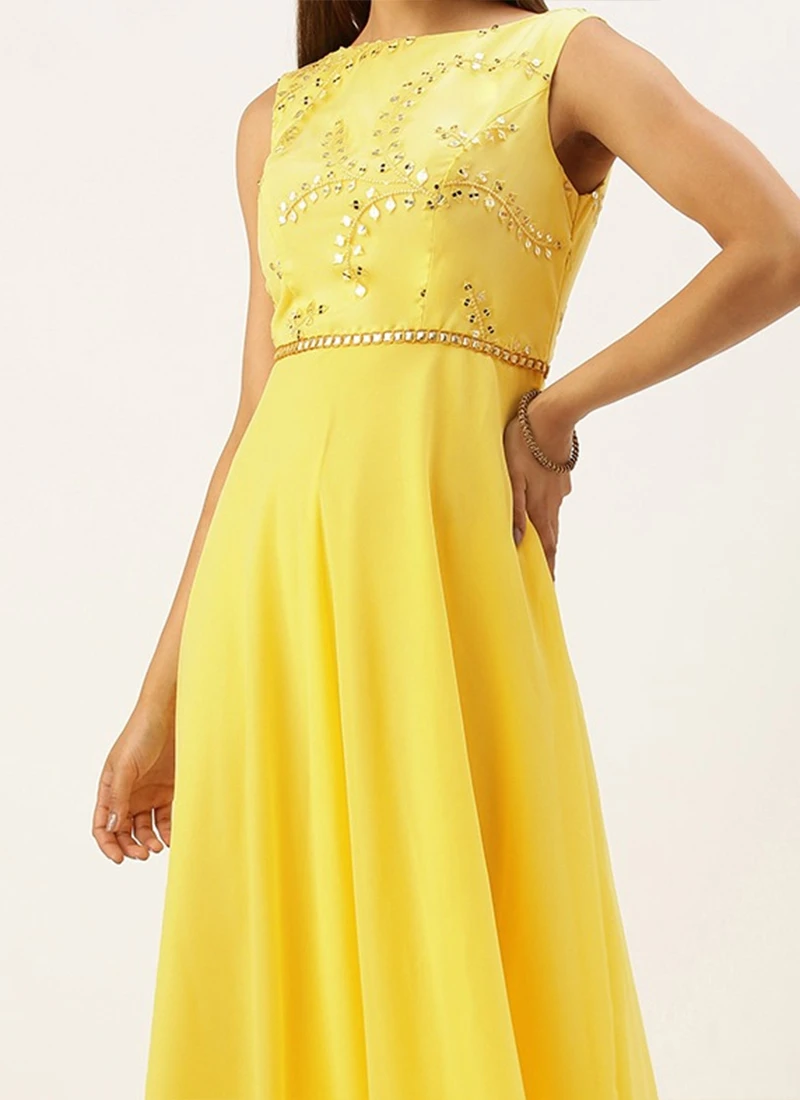 Teen Girls Yellow Embroidered Boat Neck Gown Festive Wear