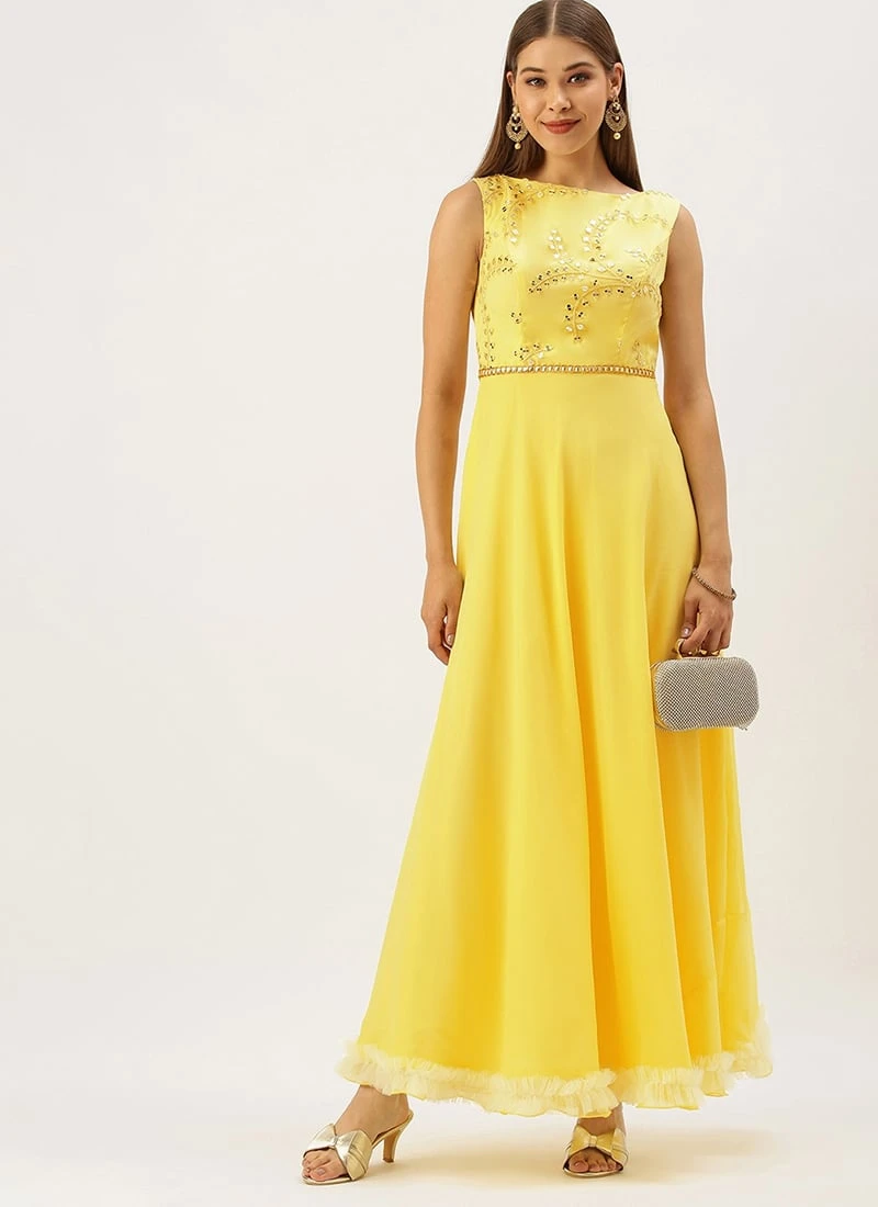 Teen Girls Yellow Embroidered Boat Neck Gown Festive Wear - Image 3