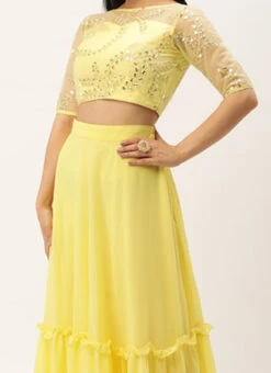 Teen Girls Yellow Embroidered Crop Top N Skirt Festive Wear
