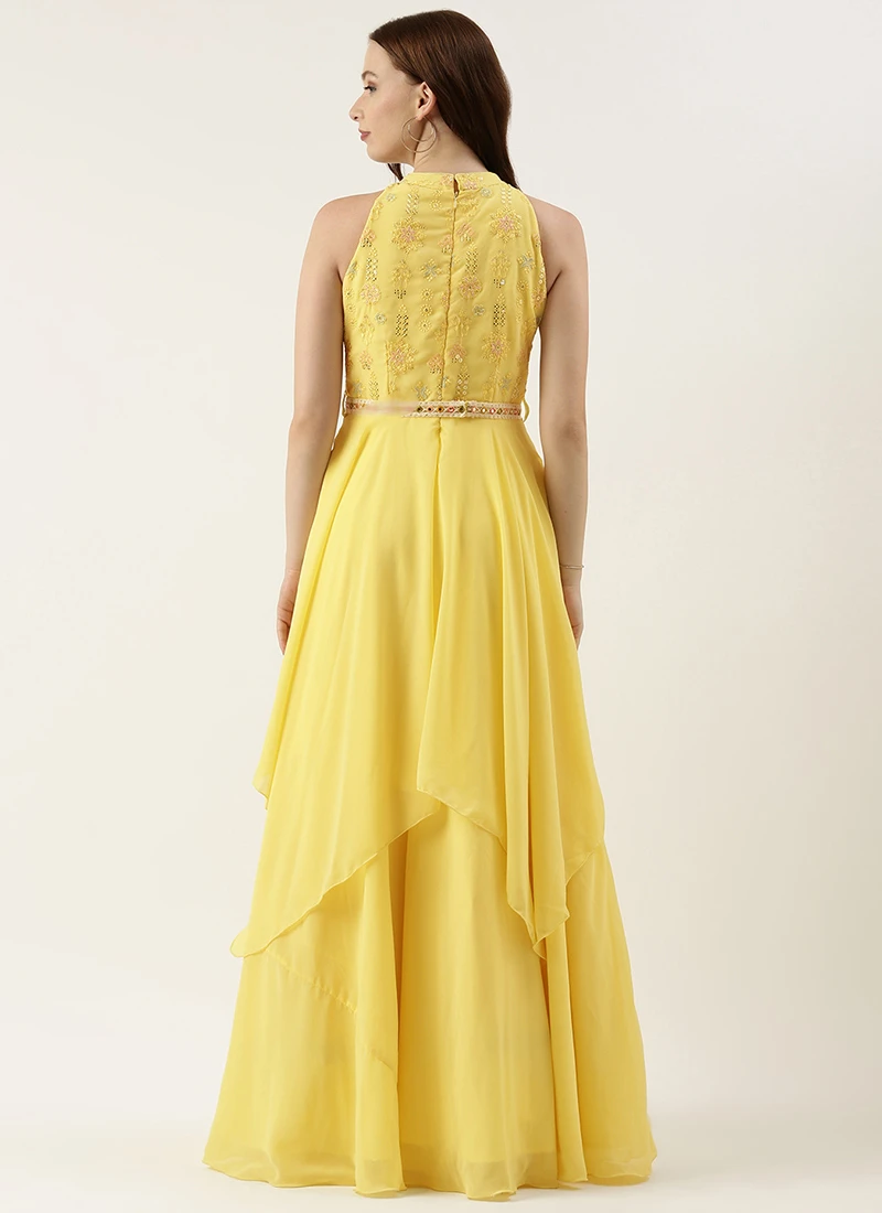 Teen Girls Yellow Embroidered Handkerchief Gown Festive Wear - Image 4