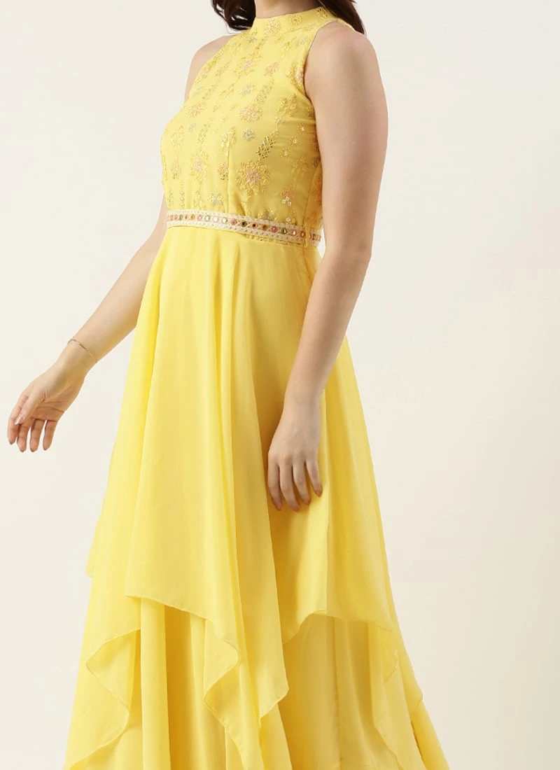 Teen Girls Yellow Embroidered Handkerchief Gown Festive Wear