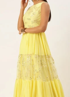 Teen Girls Yellow Embroidered Net Tiered Gown Festive Wear