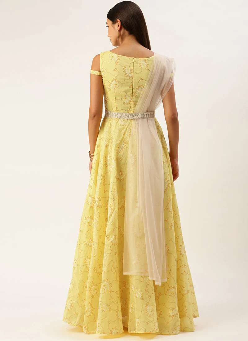 Teen Girls Teen Girl Yellow Foil Printed Cotton Gown Party Wear - Image 4