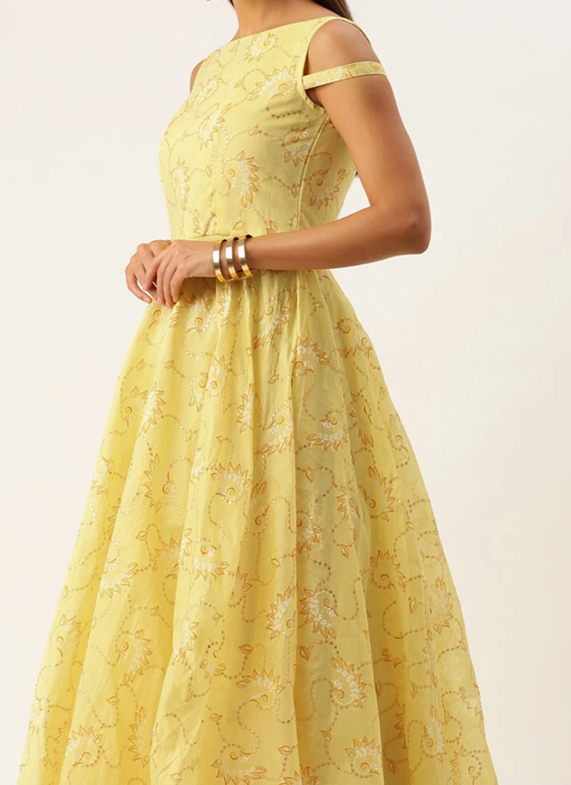 Teen Girls Teen Girl Yellow Foil Printed Cotton Gown Party Wear