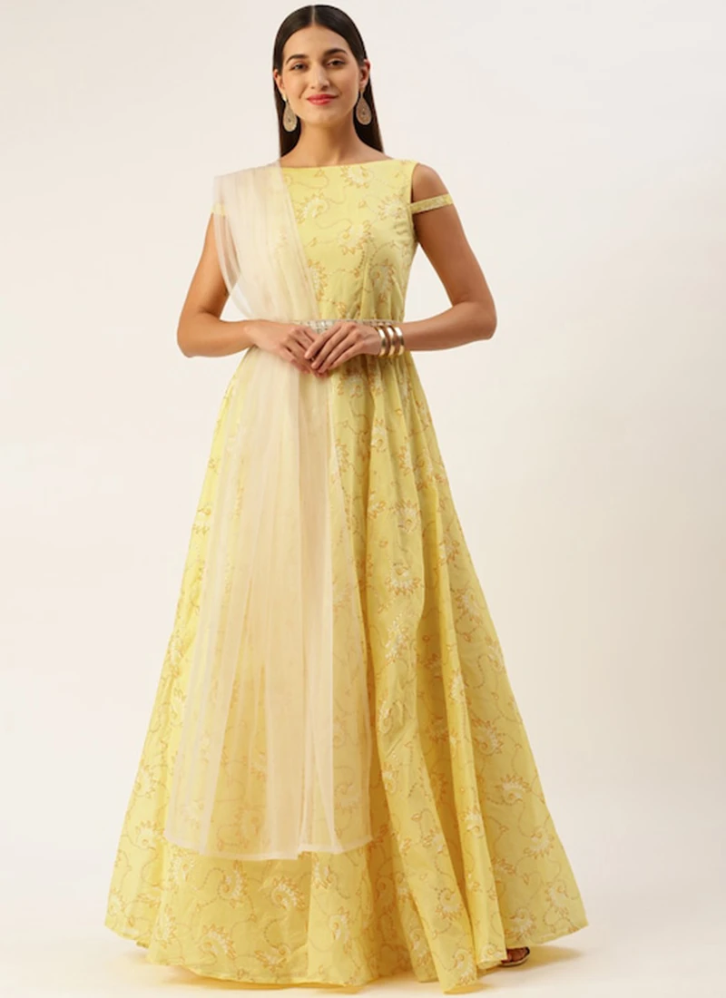 Teen Girls Teen Girl Yellow Foil Printed Cotton Gown Party Wear - Image 3