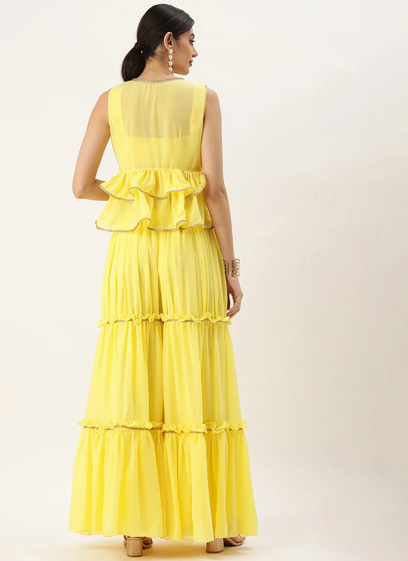 Teen Girls Yellow Georgette Embroidered Crop Top N Sharara Set Party Wear - Image 4