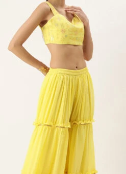 Teen Girls Yellow Georgette Embroidered Crop Top N Sharara Set Party Wear