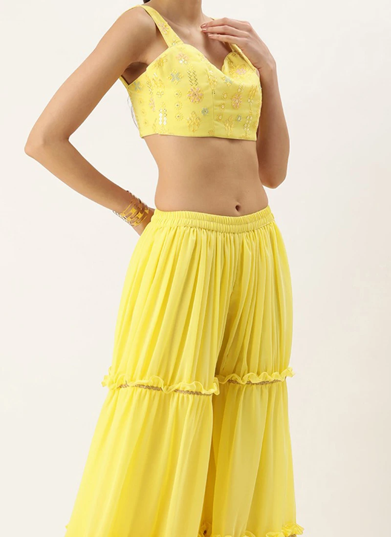 Teen Girls Yellow Georgette Embroidered Crop Top N Sharara Set Party Wear