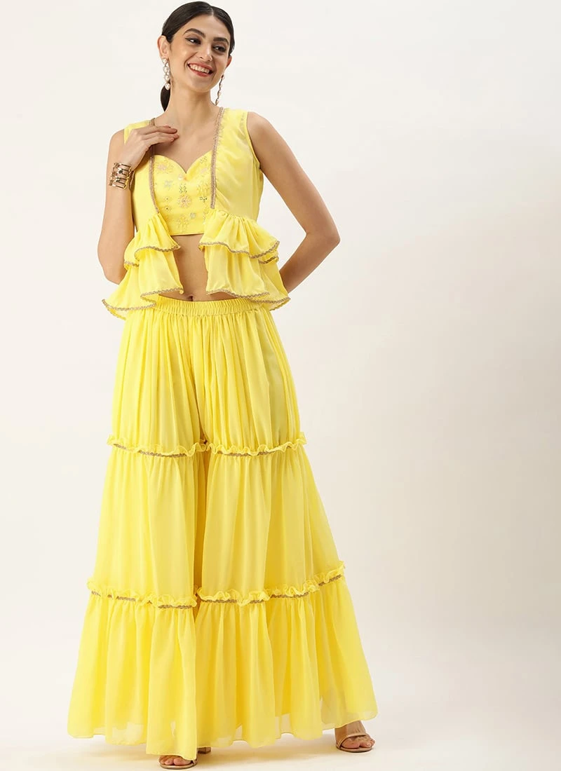 Teen Girls Yellow Georgette Embroidered Crop Top N Sharara Set Party Wear - Image 3