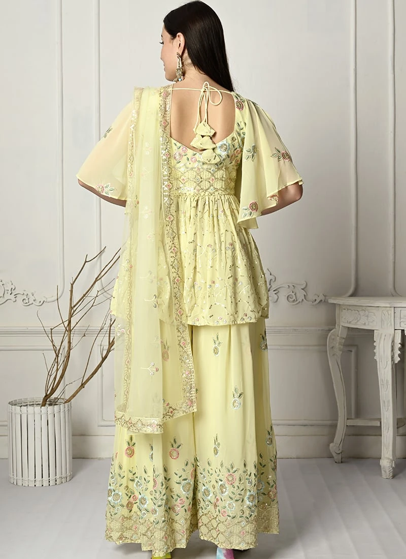 Teen Girls Yellow Georgette Embroidered Palazzo Suit Wedding Wear - Image 4