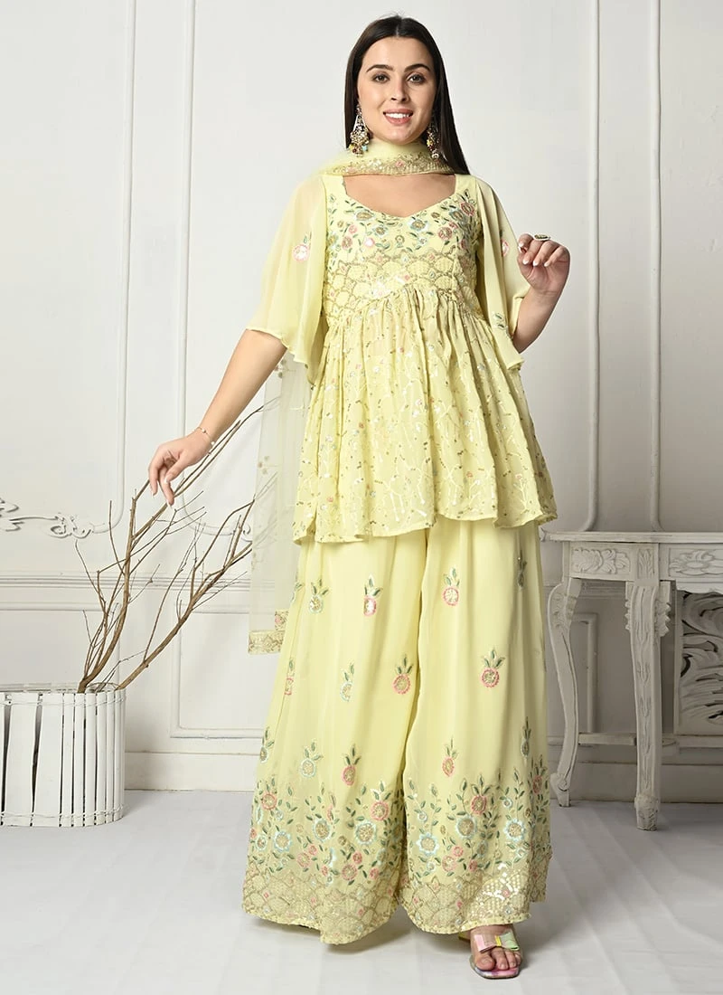 Teen Girls Yellow Georgette Embroidered Palazzo Suit Wedding Wear - Image 3