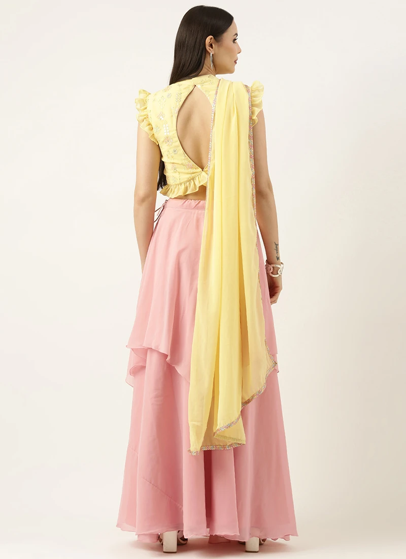 Teen Girls Yellow Georgette Embroidered Pink Lehenga Set Festive Wear - Image 4