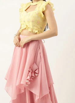 Teen Girls Yellow Georgette Embroidered Pink Lehenga Set Festive Wear