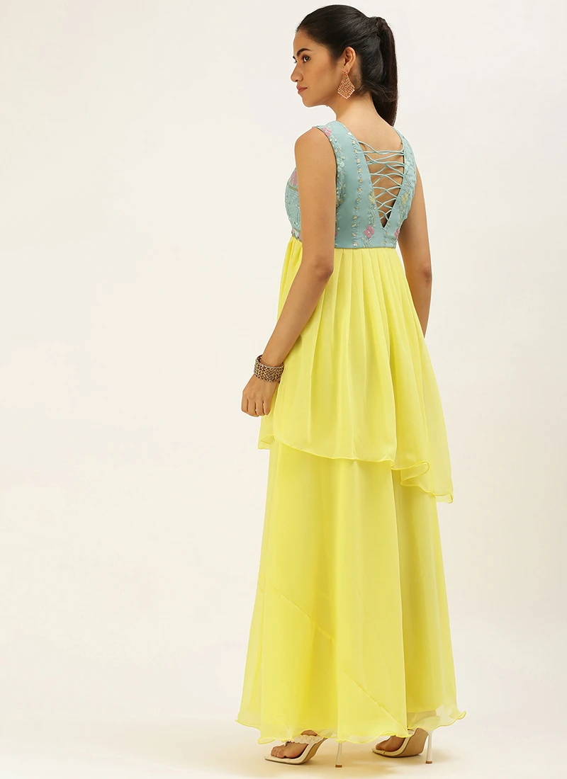 Teen Girls Yellow N Blue Georgette Sequins Gown Festive Wear - Image 4
