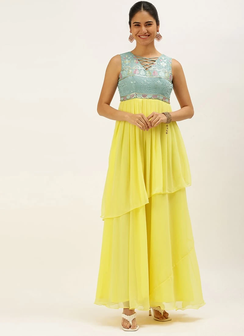 Teen Girls Yellow N Blue Georgette Sequins Gown Festive Wear - Image 3