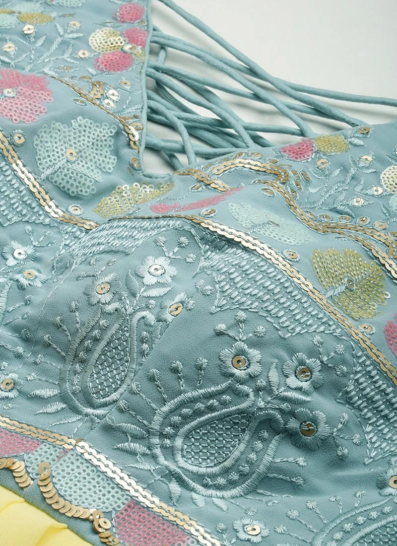 Teen Girls Yellow N Blue Georgette Sequins Gown Festive Wear - Image 5