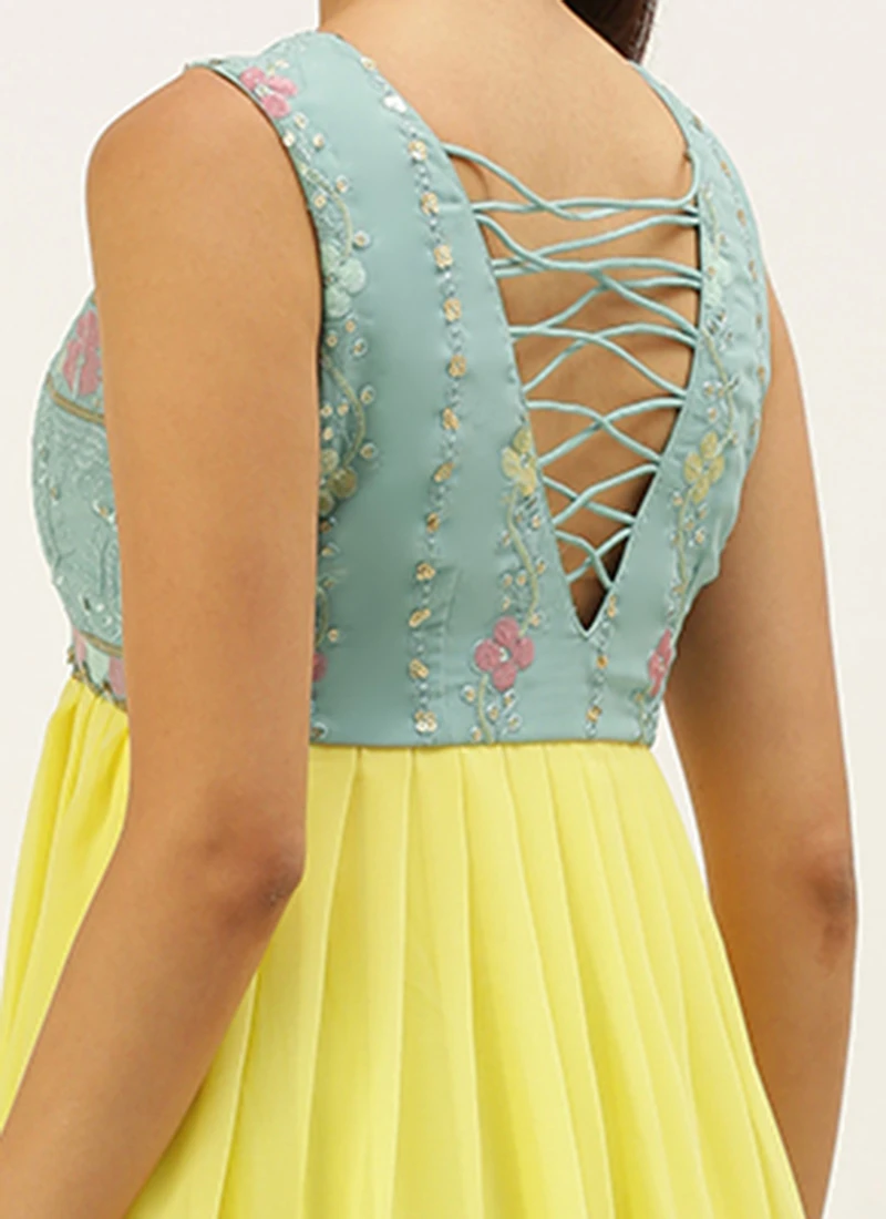 Teen Girls Yellow N Blue Georgette Sequins Gown Festive Wear - Image 6