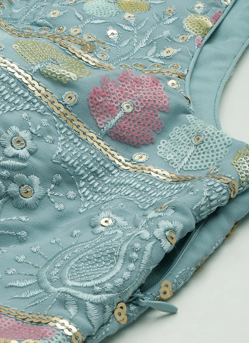 Teen Girls Yellow N Blue Georgette Sequins Gown Festive Wear - Image 7