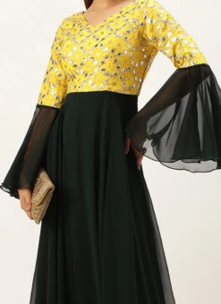 Teen Girls Yellow N Green Bell Sleeves Embroidered Gown Festive Wear