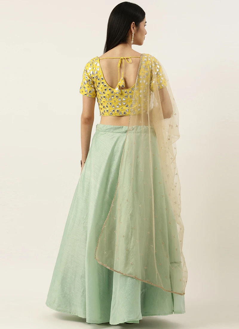Teen Girls Yellow N Green Embroidered Low Neck Lehenga Party Wear - Image 4
