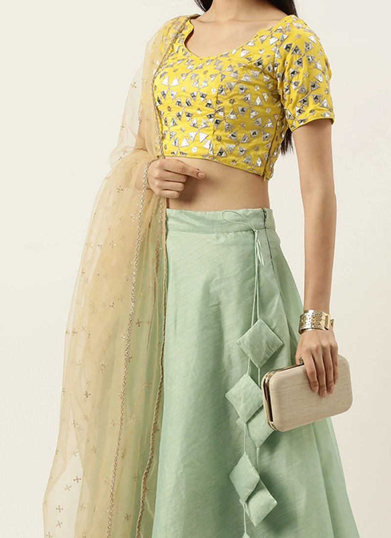 Teen Girls Yellow N Green Embroidered Low Neck Lehenga Party Wear