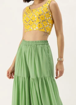 Teen Girls Yellow N Green Embroidered Sharara Suit Festive Wear