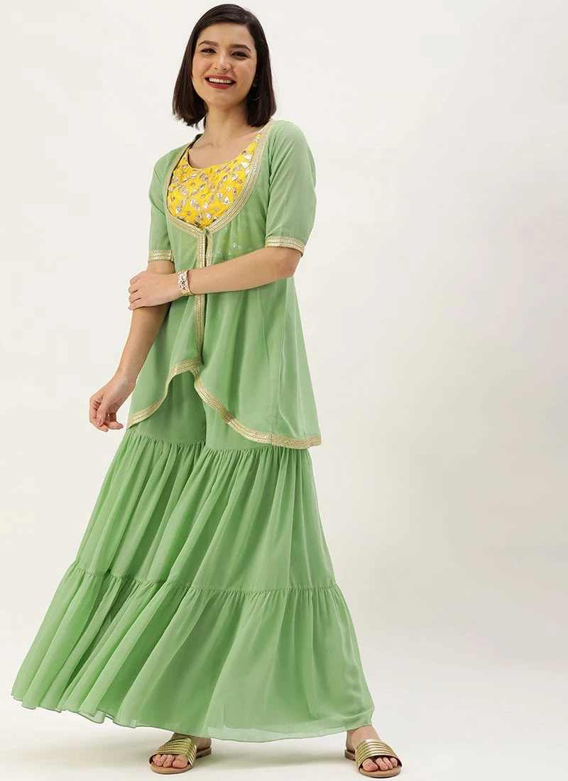 Teen Girls Yellow N Green Embroidered Sharara Suit Festive Wear - Image 3