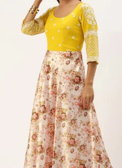 Teen Girls Yellow N Pink Embroidered Floor Length Gown Festive Wear