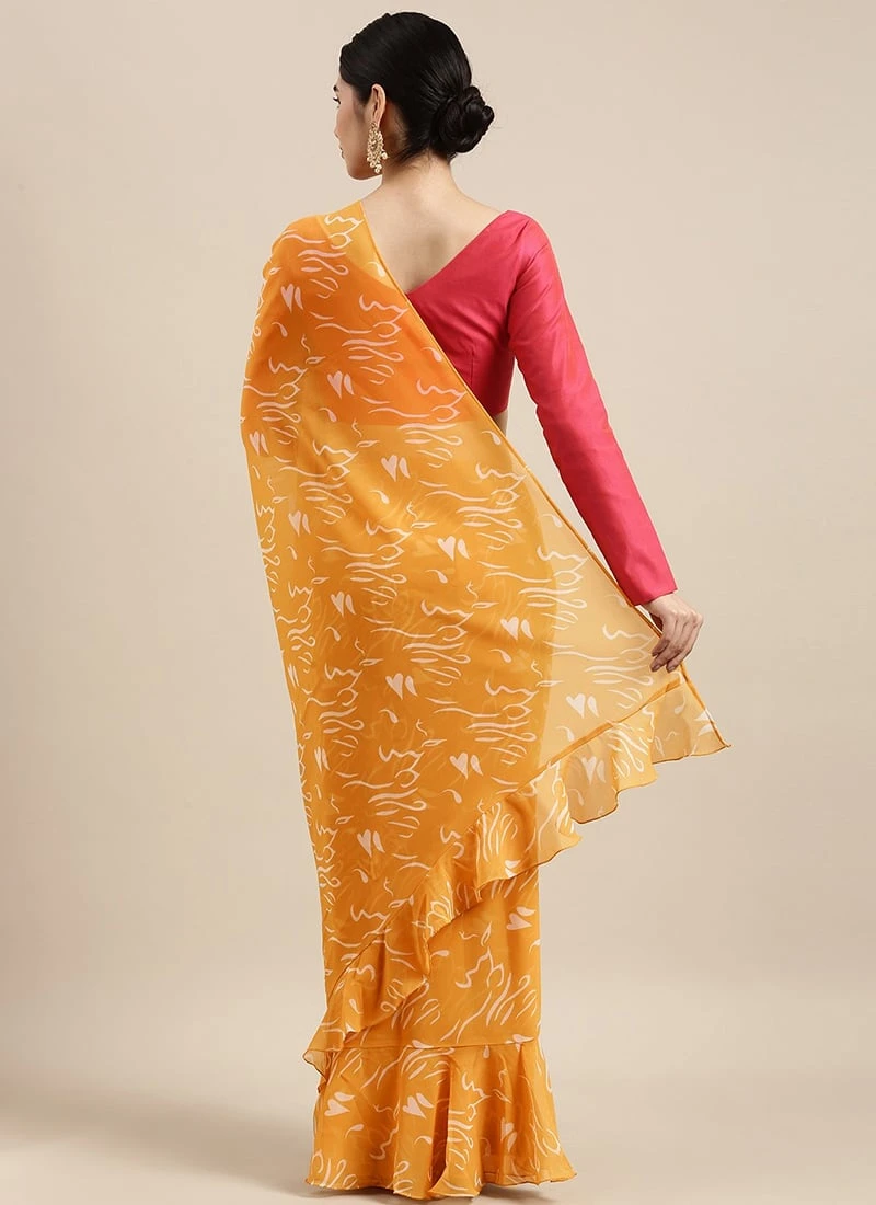 Teen Girls Yellow N Pink Georgette Ruffle Saree Festive Wear - Image 4