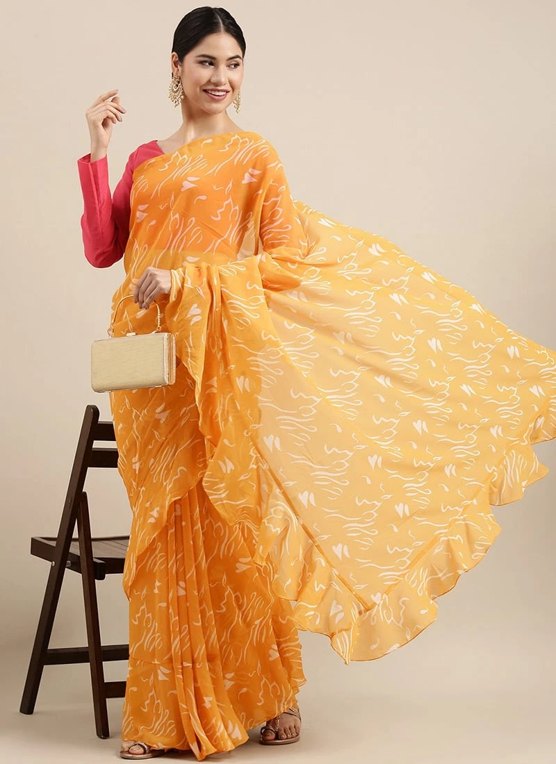 Teen Girls Yellow N Pink Georgette Ruffle Saree Festive Wear - Image 3
