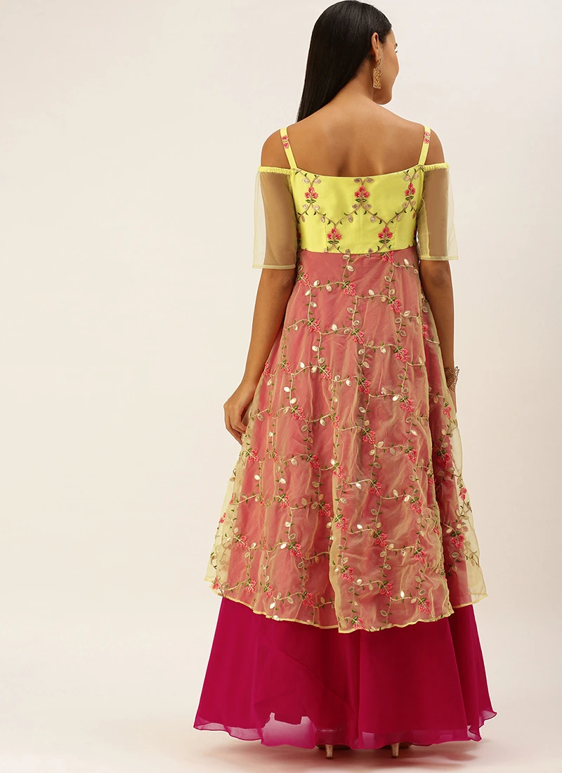 Teen Girls Yellow Organza N Hot Pink Layered Style Gown Festive Wear - Image 4