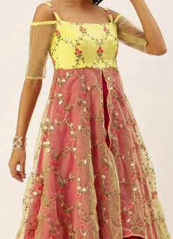 Teen Girls Yellow Organza N Hot Pink Layered Style Gown Festive Wear