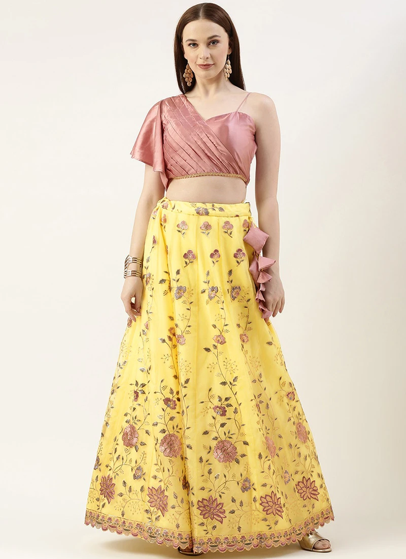Teen Girls Yellow Organza N Pink Art Silk Skirt N Top Set Wedding Wear - Image 3