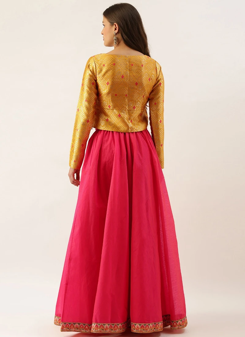 Teen Girls Yellow Peplum Top With Pink Chanderi Skirt Set Party Wear - Image 4