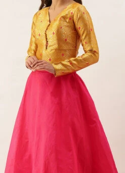 Teen Girls Yellow Peplum Top With Pink Chanderi Skirt Set Party Wear