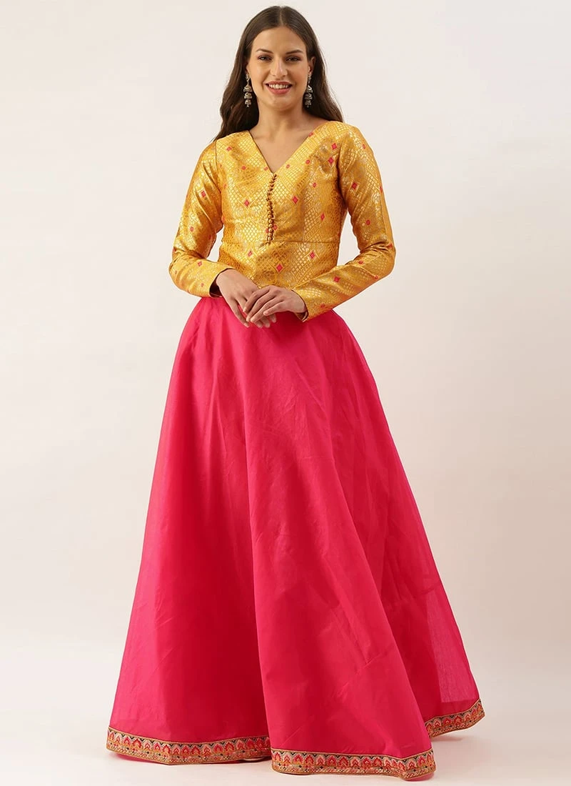 Teen Girls Yellow Peplum Top With Pink Chanderi Skirt Set Party Wear - Image 3