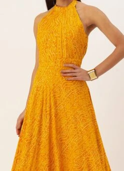 Teen Girls Yellow Printed Halter Neck Floor Length Gown Festive Wear